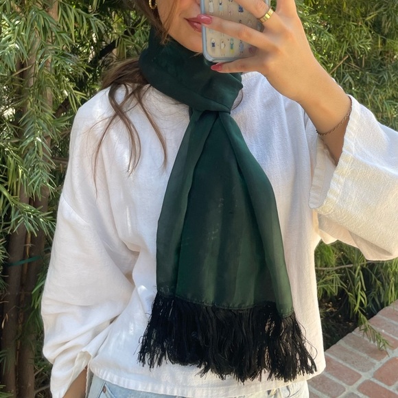 Dark green sheer fringed scarf - Picture 1 of 5